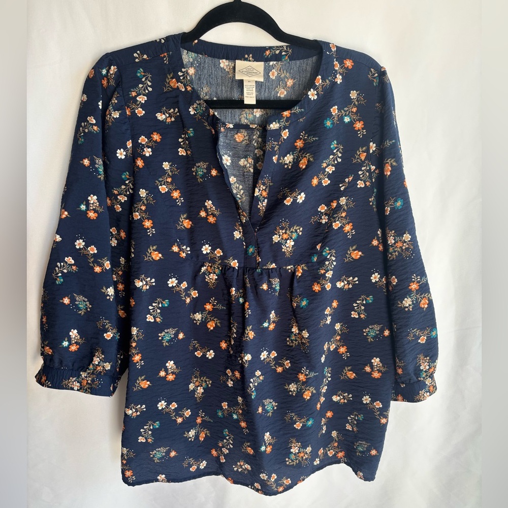 St. John's Bay Navy Floral Peasant Tunic with Orange & Teal Accents Size XL